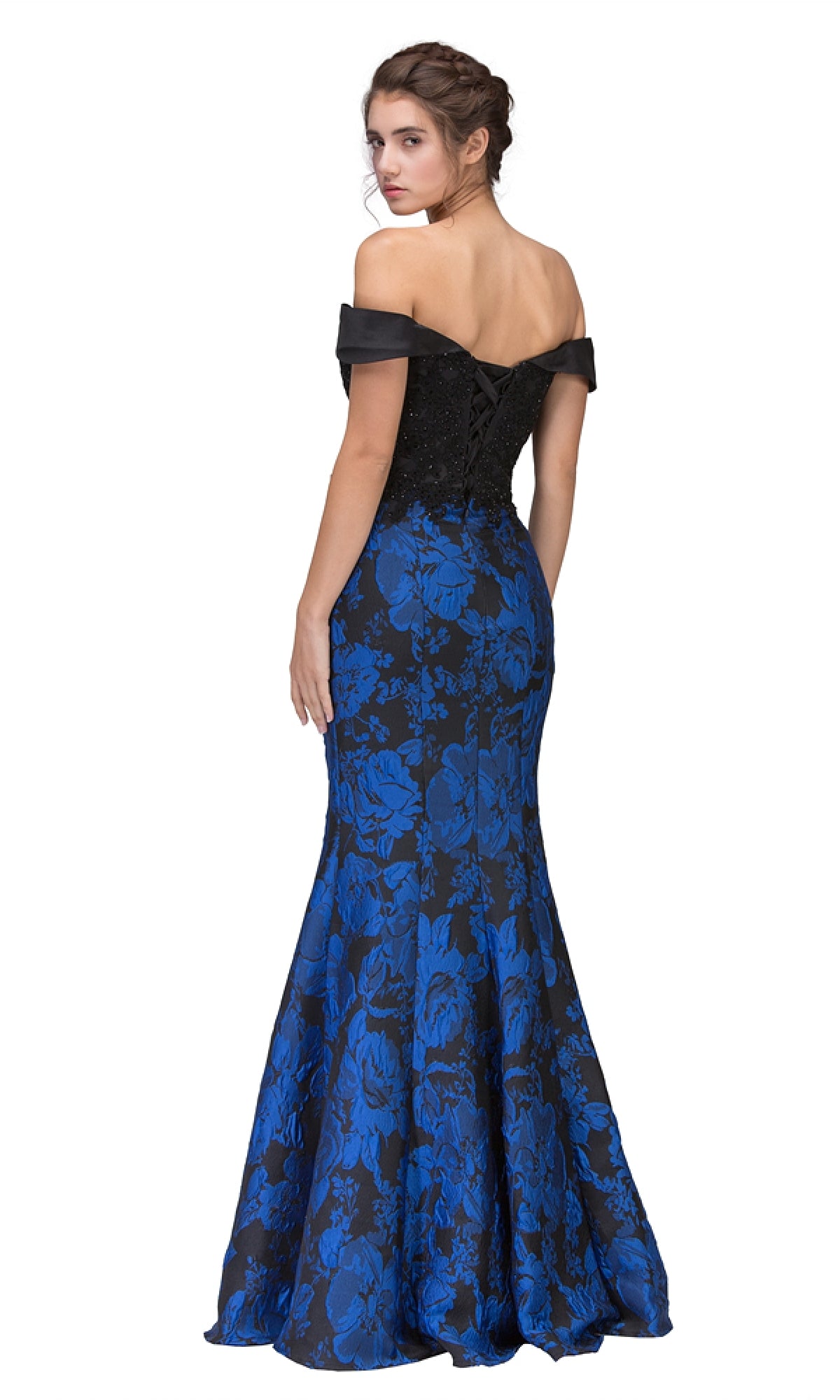 A woman wears the Long Print Mermaid Formal Dress: Eureka 6222 in black and blue floral print, shown from the back against a white background—an elegant choice for any special occasion.